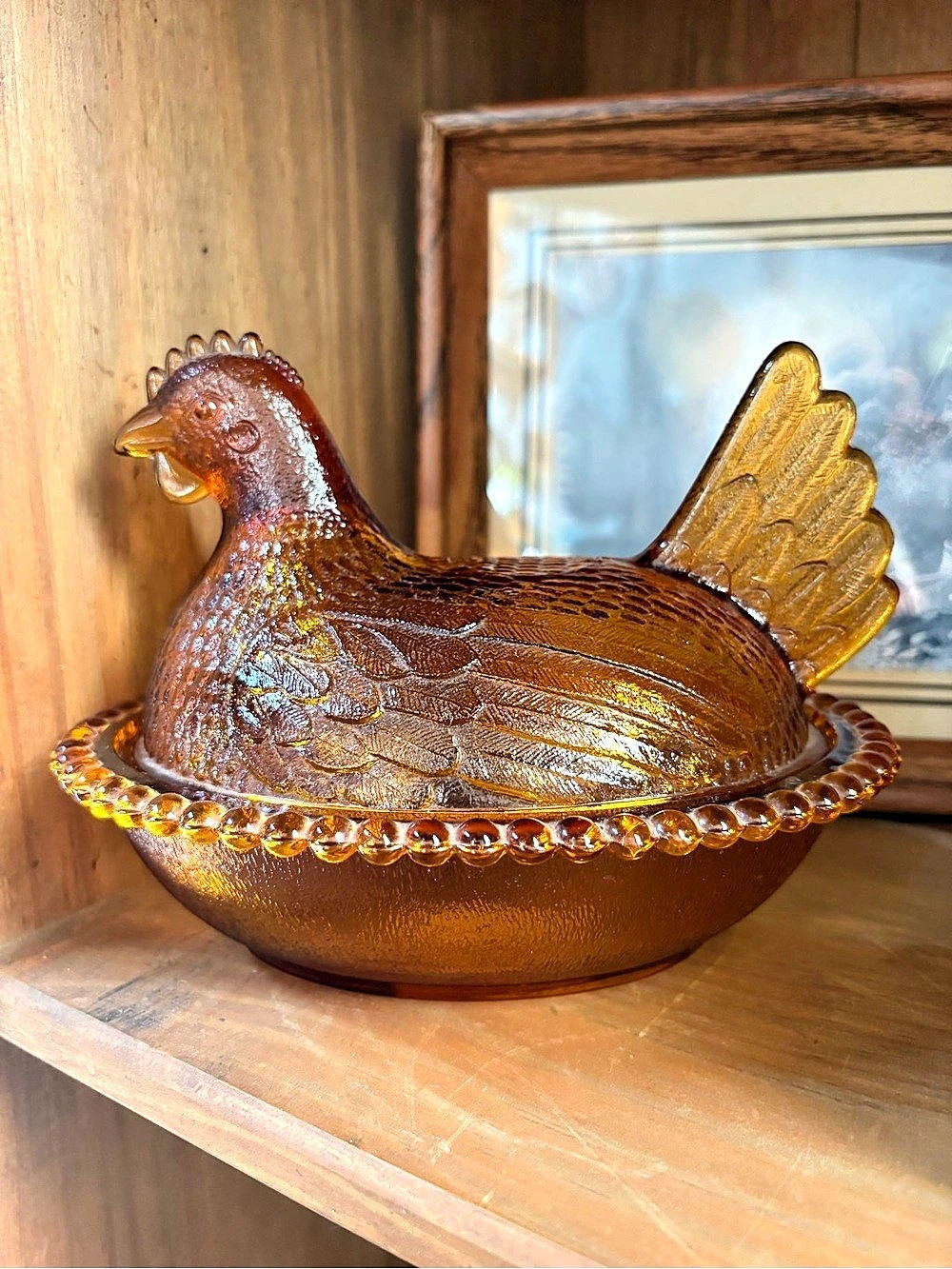 Indiana Glass Amber Hen on Nest Covered Candy Dish 7 Inch